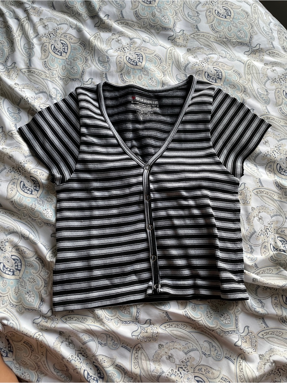 Girls' Black & White Striped Button-Front Tee